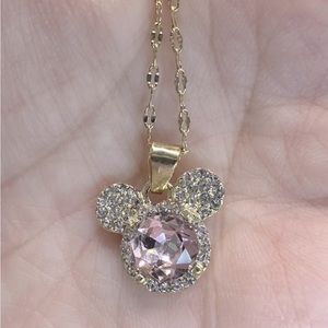 Disney Mickey Mouse Gold tone Necklace. Pink Stone